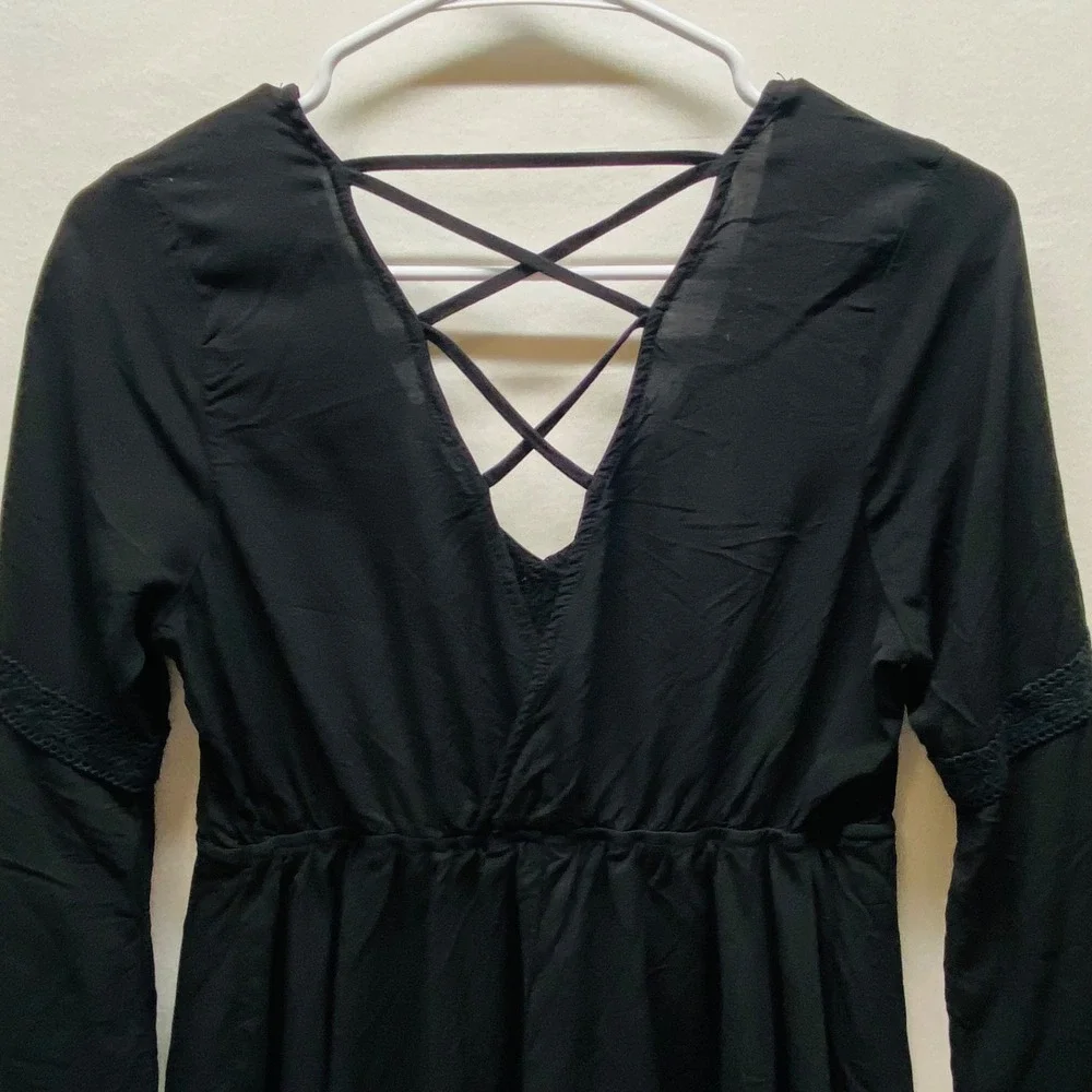 No Boundaries Pheasant Blouse Women's Medium Black Open Corset Back‎ 3/4 Sleeve